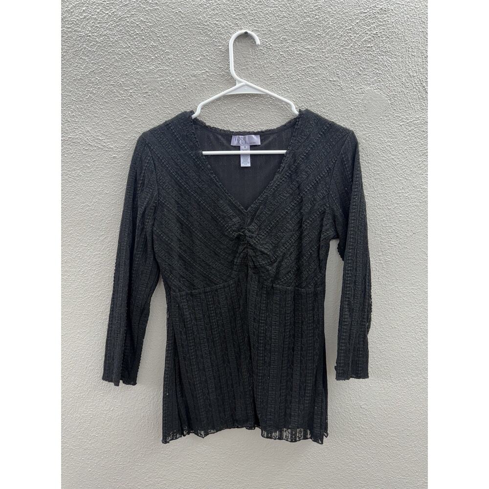 Nine & Co by Nine West Womens Shirt Medium Lined Black Lacey 3/4 Sleeve V-Neck